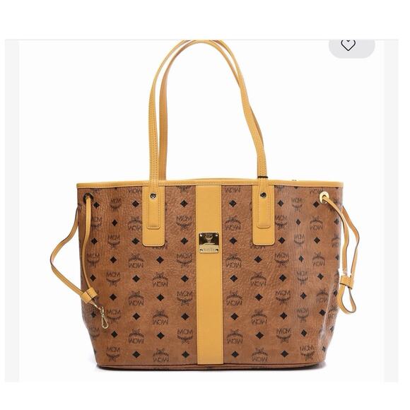 MCM Handbags - MCM Monogram Large Tote Bag Brown/Yellow, Detachable Strap, Drawstring, Gold